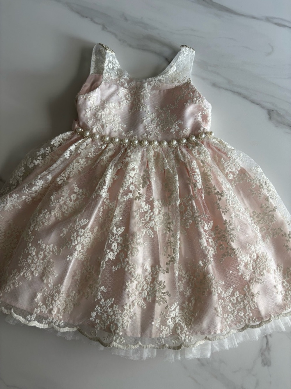 American Princess Pink Lace Party Dress with Pearl Waistband 2T light pink